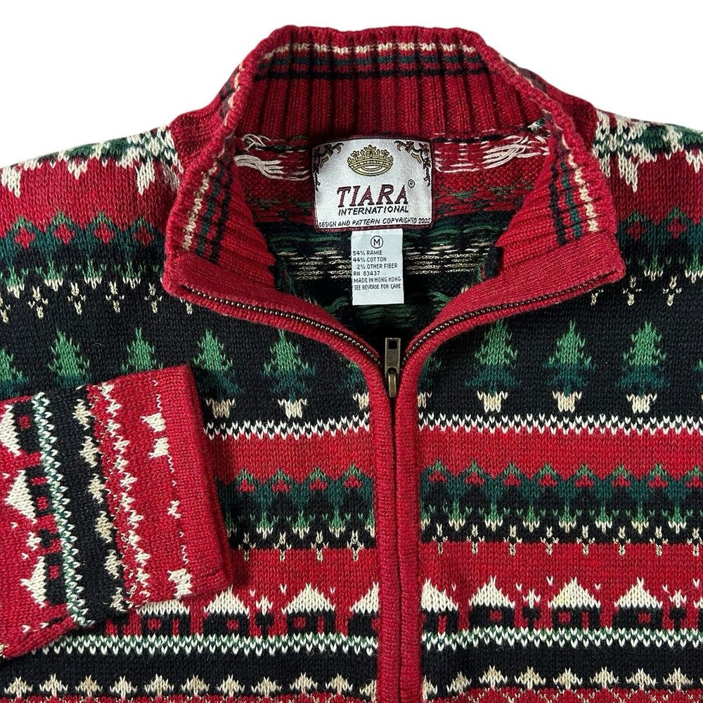 Vintage Tiara International Sweater Medium Full Zip Red Fair Isle Preppy Y2K